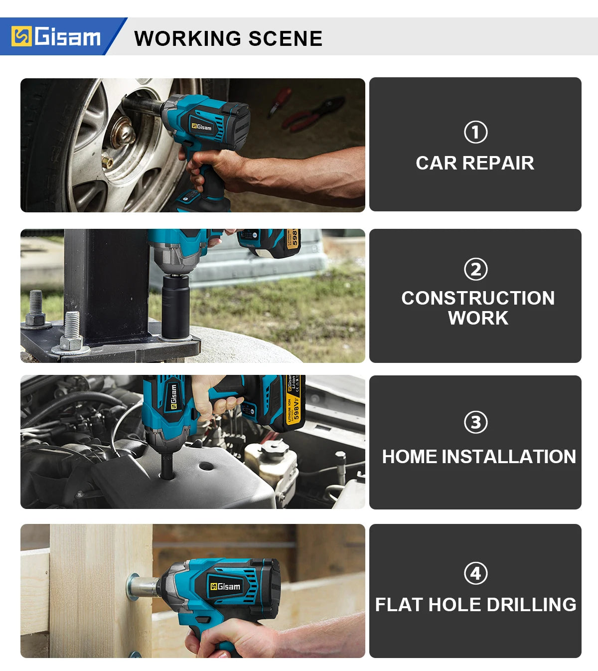 Gisam 1200NM Brushless Electric Impact Wrench Rechargeable Wrench 1/2" Car Tires Cordless Power Tools For Makita 18V Battery Pin