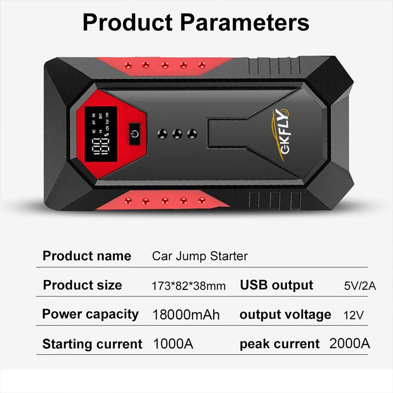 GKFLY 18000mAh Car Jump Starter Portable Power Bank Car Battery Booster 12V Car Starting Device for Petrol  6.0L Diesel 4.0L