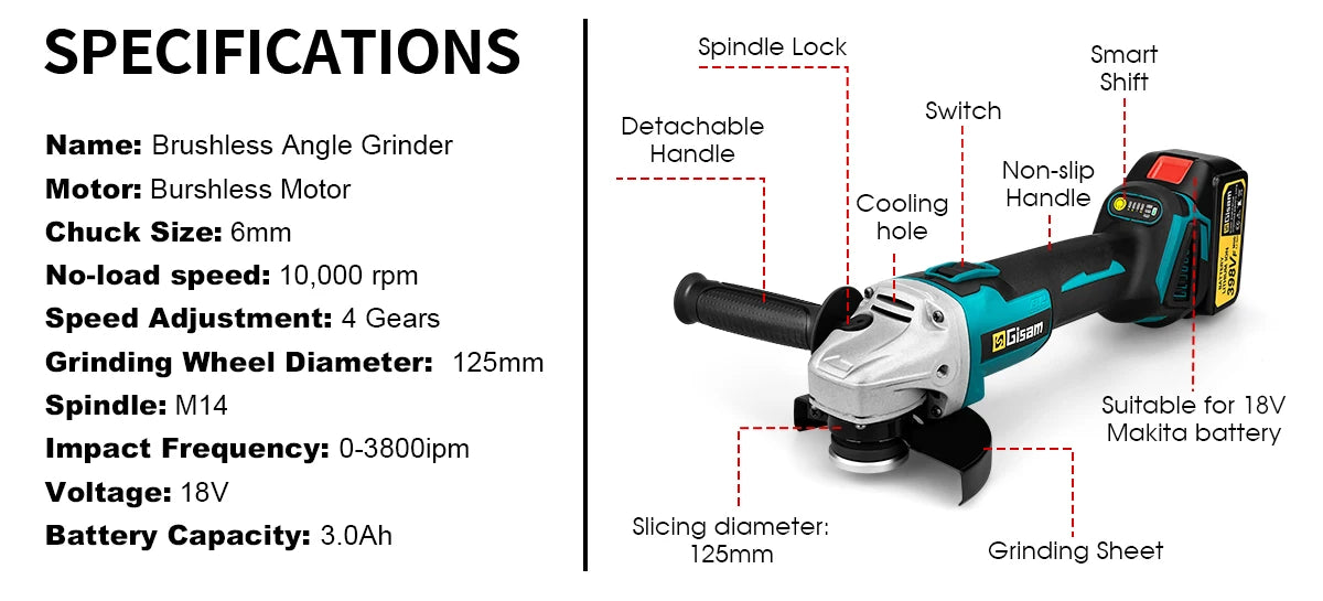 Gisam 125MM Brushless Electric Angle Grinder Variable Speed M14 Cutting Machine Woodworking Tool for Makita 18v Battery Pin