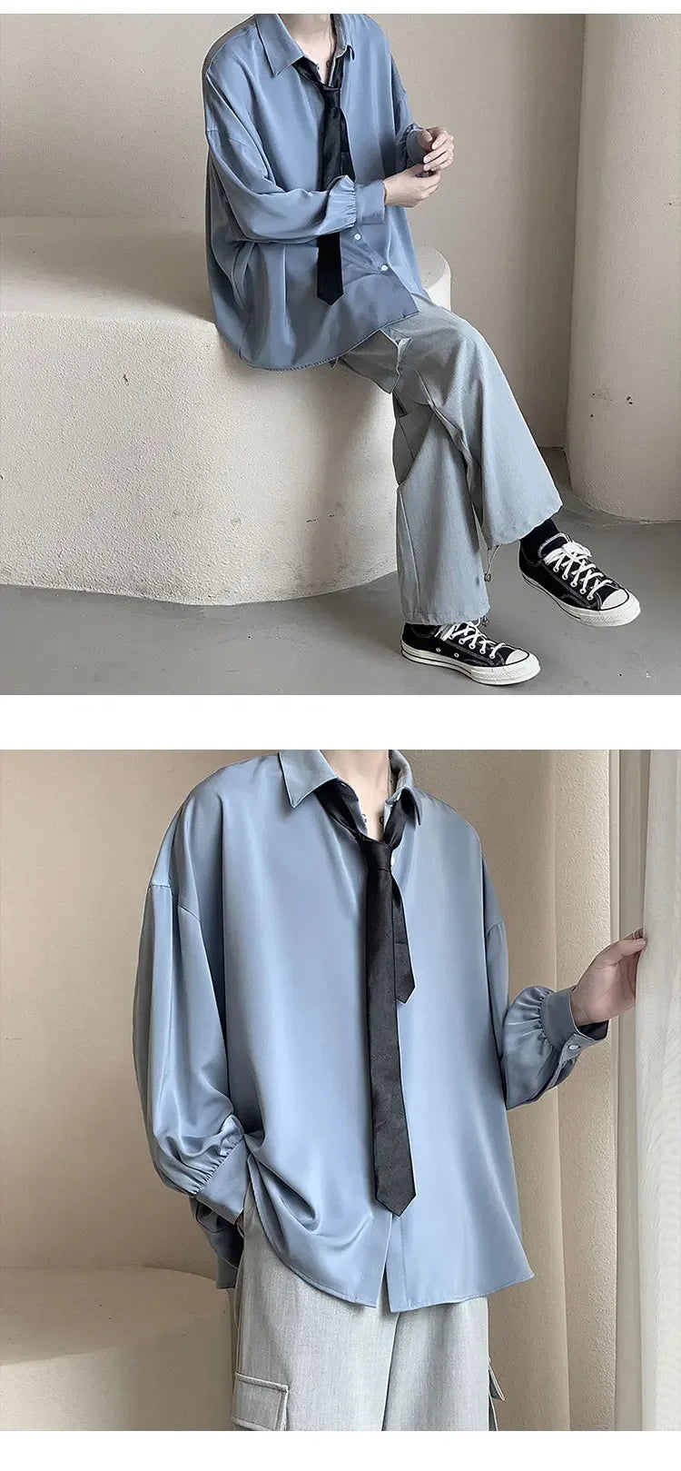 Korean Style Men's Long-sleeved Shirts Black Tie Cozy Casual Solid Oversize Blouses Breathable Loose Shirt Harajuku Male Clothes