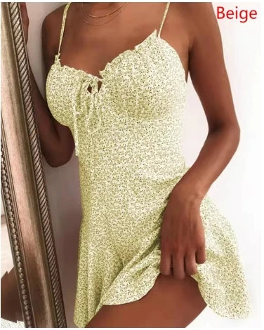 Summer Women New Sling Dresses Fashion Spaghetti Strap Flower Dress Tie Front Slim Dress Miniskirt Sexy Dress