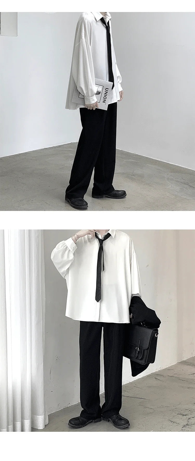 Korean Style Men's Long-sleeved Shirts Black Tie Cozy Casual Solid Oversize Blouses Breathable Loose Shirt Harajuku Male Clothes