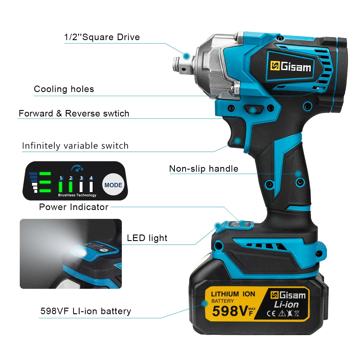 Gisam 1200NM Brushless Electric Impact Wrench Rechargeable Wrench 1/2" Car Tires Cordless Power Tools For Makita 18V Battery Pin