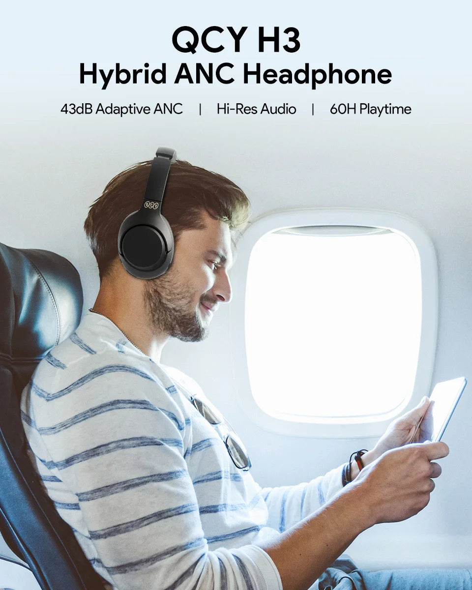 QCY H3 ANC Wireless Headphones Hi-Res Audio Over Ear Headset 43dB Hybrid Active Noise Cancellation Bluetooth 5.4 Gaming Earphone
