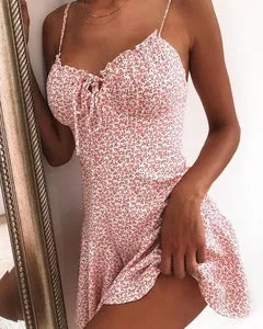 Summer Women New Sling Dresses Fashion Spaghetti Strap Flower Dress Tie Front Slim Dress Miniskirt Sexy Dress