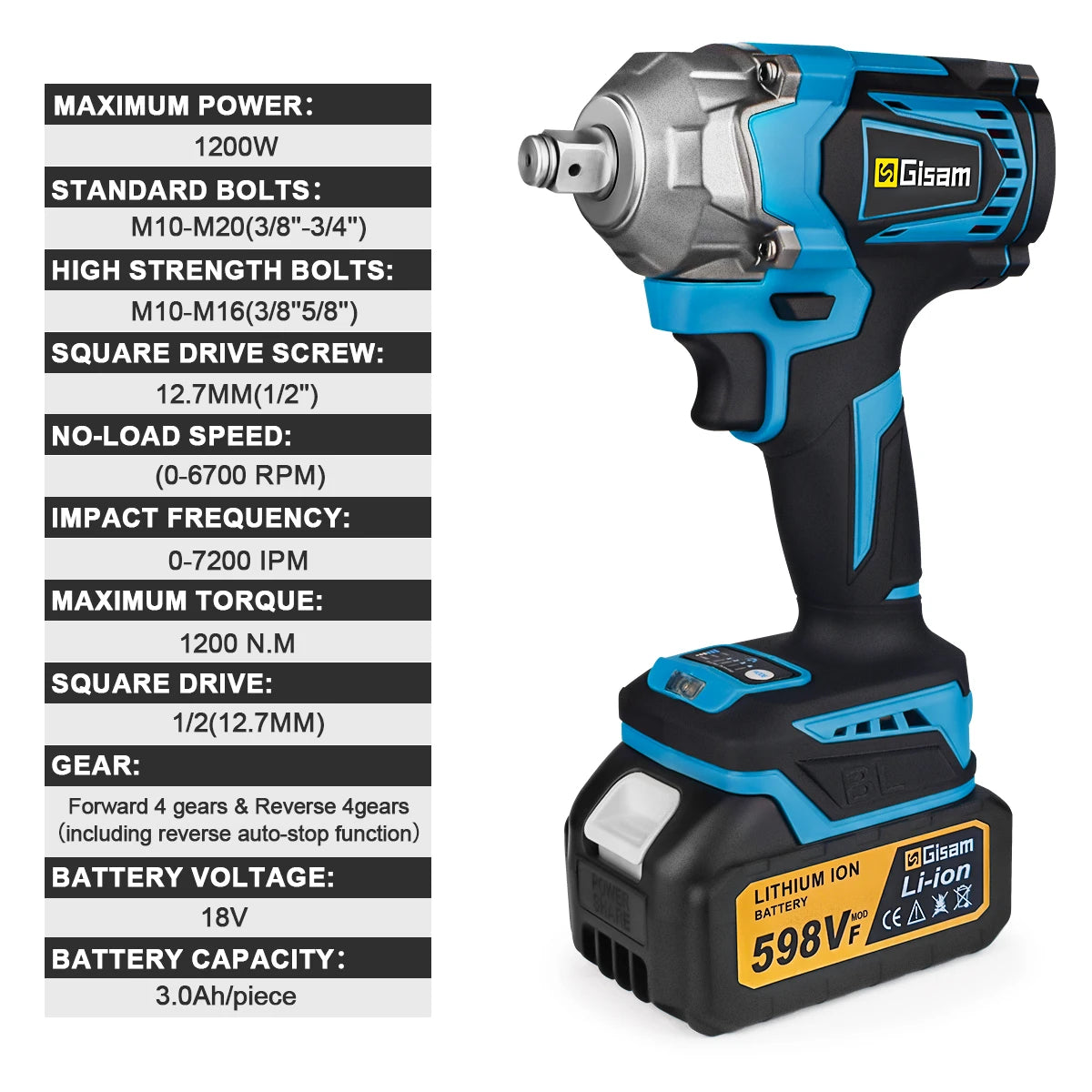 Gisam 1200NM Brushless Electric Impact Wrench Rechargeable Wrench 1/2" Car Tires Cordless Power Tools For Makita 18V Battery Pin