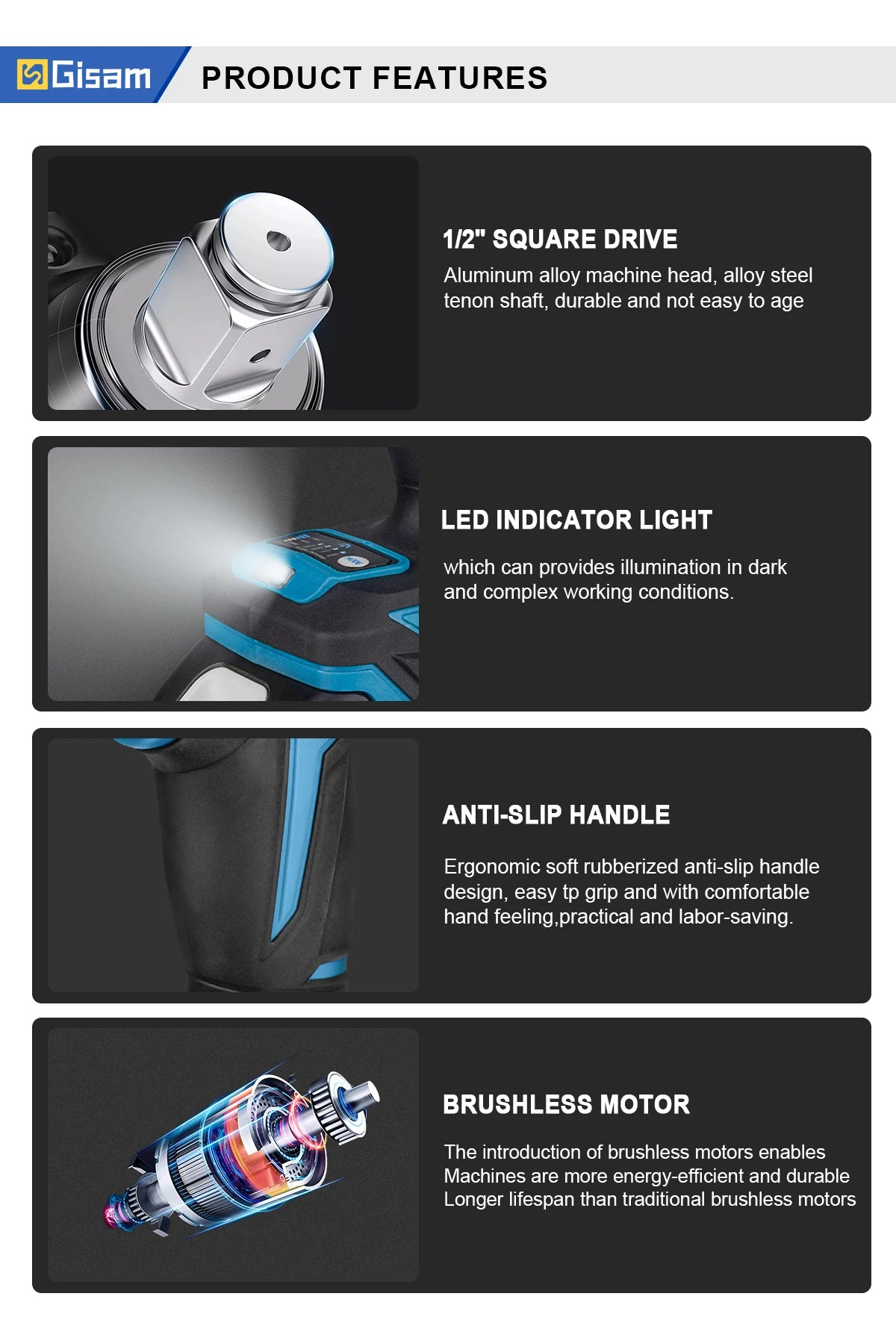 Gisam 1200NM Brushless Electric Impact Wrench Rechargeable Wrench 1/2" Car Tires Cordless Power Tools For Makita 18V Battery Pin