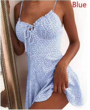 Summer Women New Sling Dresses Fashion Spaghetti Strap Flower Dress Tie Front Slim Dress Miniskirt Sexy Dress