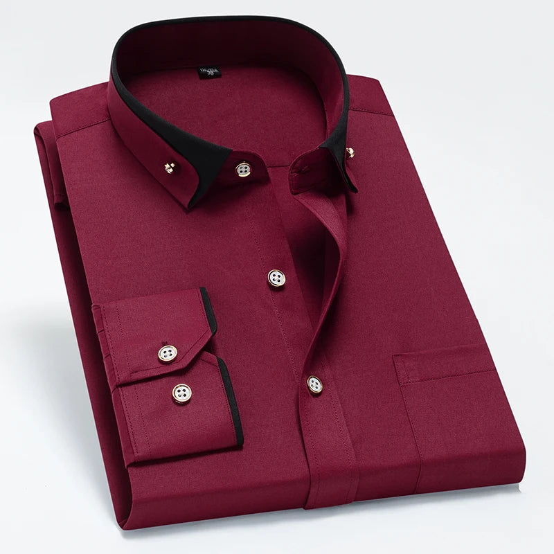 New Men's Business Shirt Long Sleeve Spring Autumn Contrast Collar Paired With Diamond Anti Wrinkle Buttoned Pink For Wedding