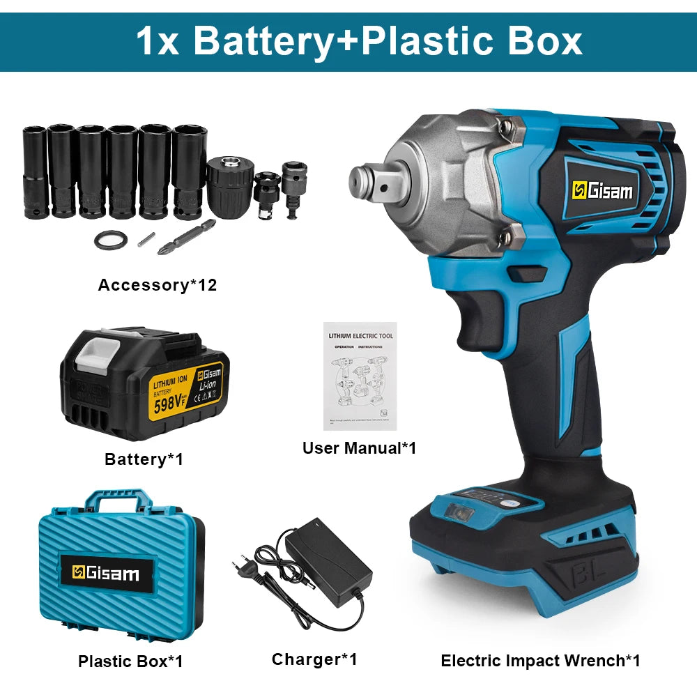 Gisam 1200NM Brushless Electric Impact Wrench Rechargeable Wrench 1/2" Car Tires Cordless Power Tools For Makita 18V Battery Pin