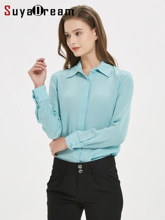 SuyaDream Women Silk Dress Shirts 100% REAL SILK Solid Long Sleeved Button Chic Blouses 2025 Spring Summer Office Lady Top White