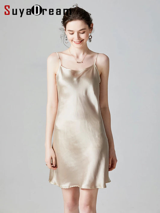 SuyaDream Woman Mini Dress 19mm 100%Real Silk Sleeveless Solid Spaghetti Strap Sleep Dresses 2025 Elegant Chic Clothes
