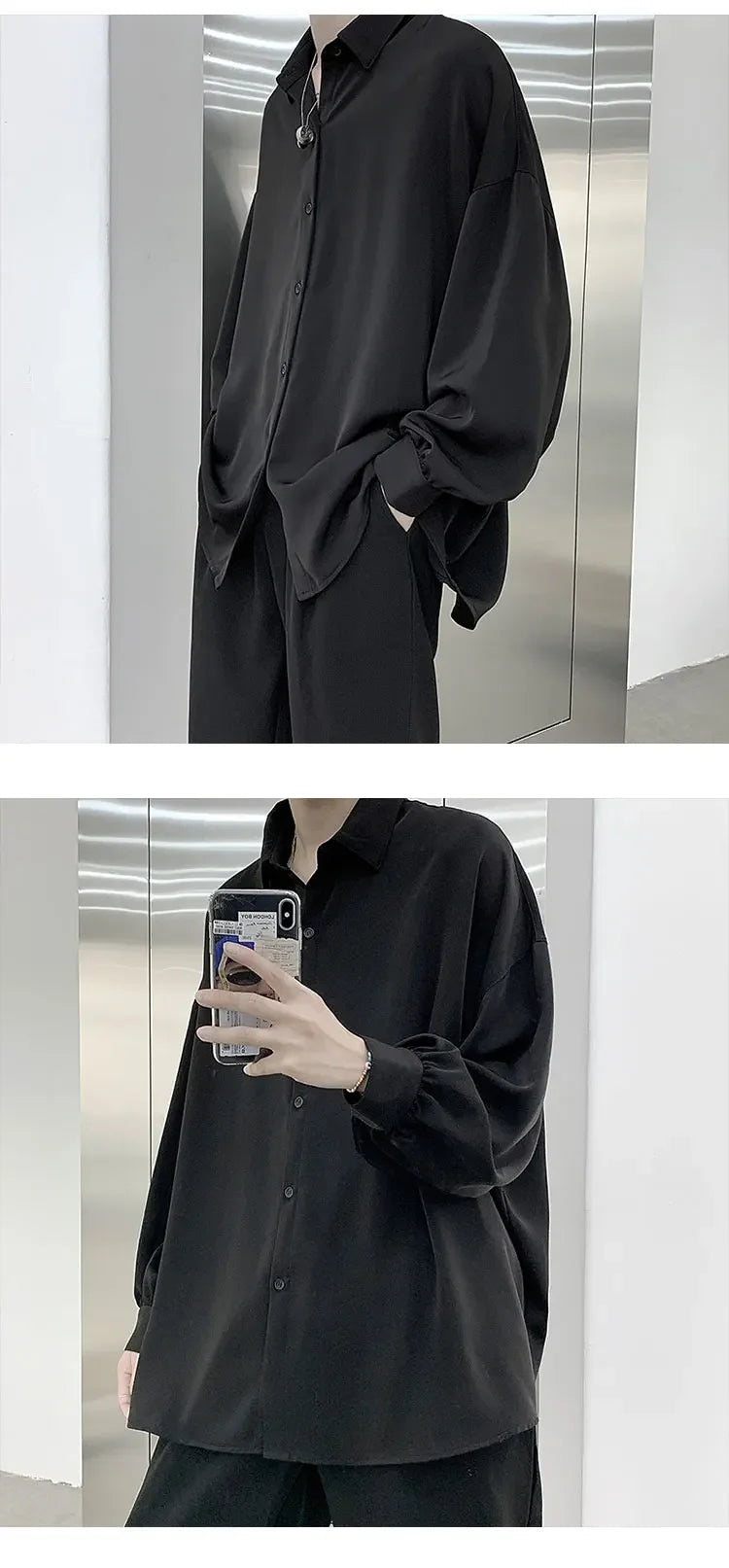 Korean Style Men's Long-sleeved Shirts Black Tie Cozy Casual Solid Oversize Blouses Breathable Loose Shirt Harajuku Male Clothes