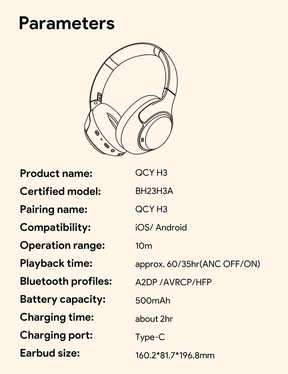 QCY H3 ANC Wireless Headphones Hi-Res Audio Over Ear Headset 43dB Hybrid Active Noise Cancellation Bluetooth 5.4 Gaming Earphone