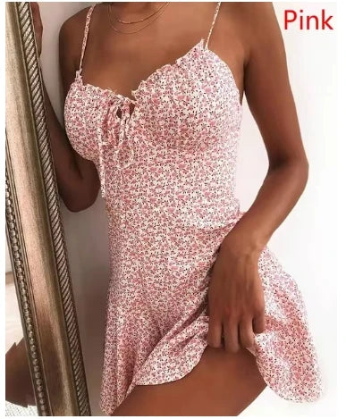 Summer Women New Sling Dresses Fashion Spaghetti Strap Flower Dress Tie Front Slim Dress Miniskirt Sexy Dress