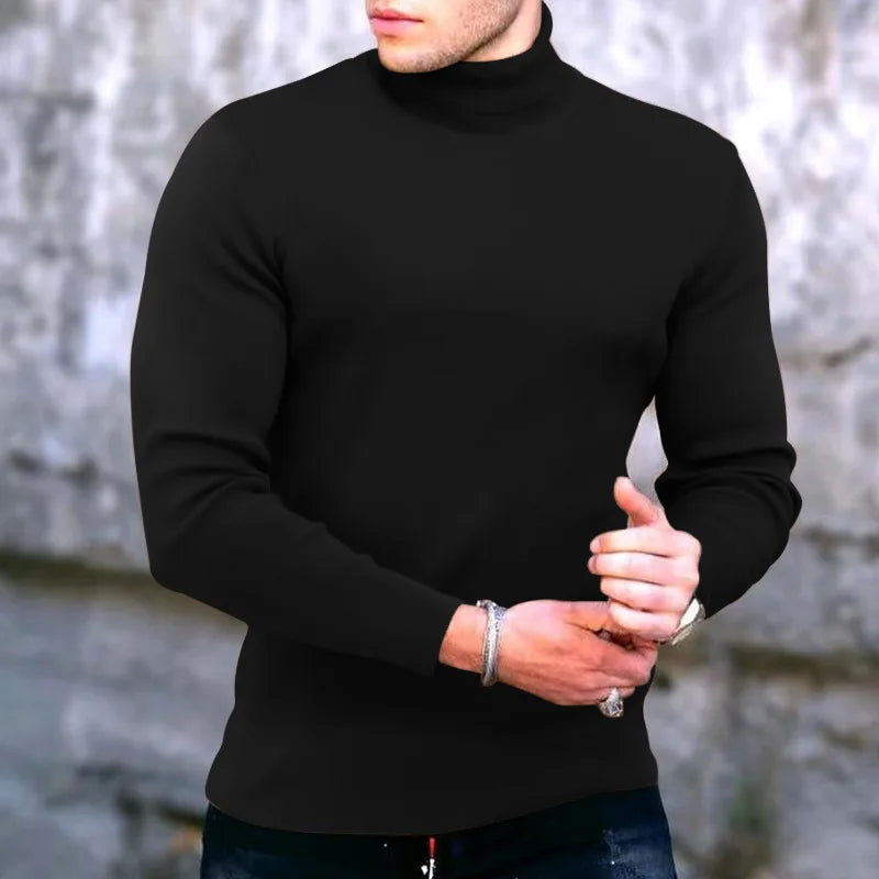 Fashion Men's Casual Slim Fit Basic Turtleneck High Collar Pullover Male Autumn Spring Thin Tops Basic Bottoming Plain T-shirt