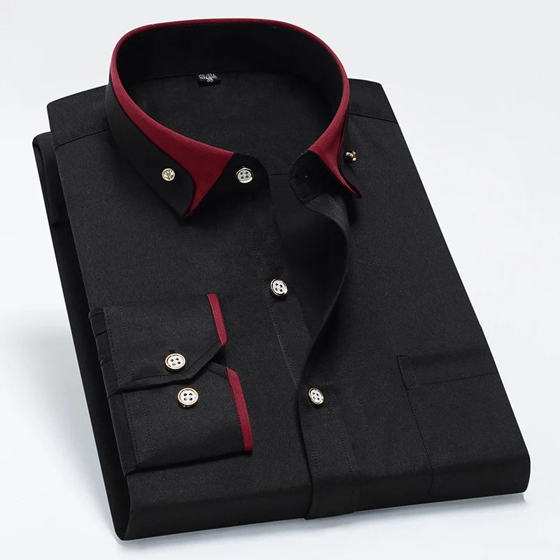 New Men's Business Shirt Long Sleeve Spring Autumn Contrast Collar Paired With Diamond Anti Wrinkle Buttoned Pink For Wedding