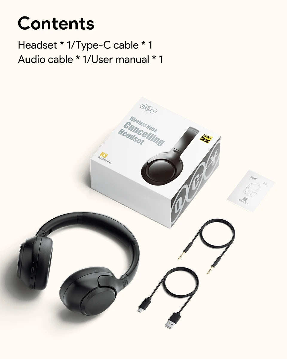 QCY H3 ANC Wireless Headphones Hi-Res Audio Over Ear Headset 43dB Hybrid Active Noise Cancellation Bluetooth 5.4 Gaming Earphone