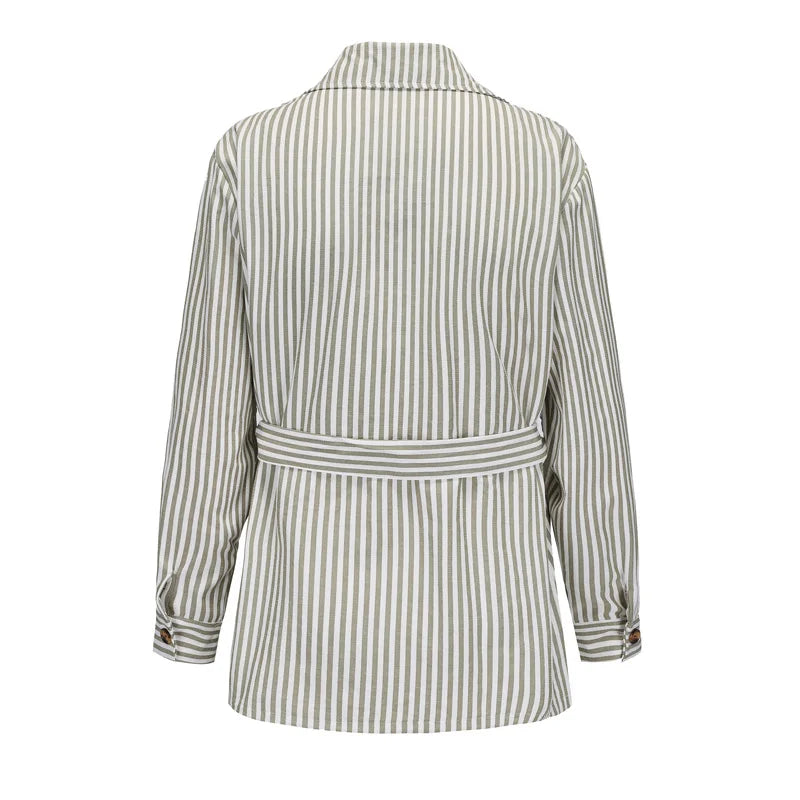 Spring Clothing Men's Light Luxury Long Sleeve Striped Pocket Shirt Casual Streetwear Button-down Shirt with Belt S-5XL 2025 New