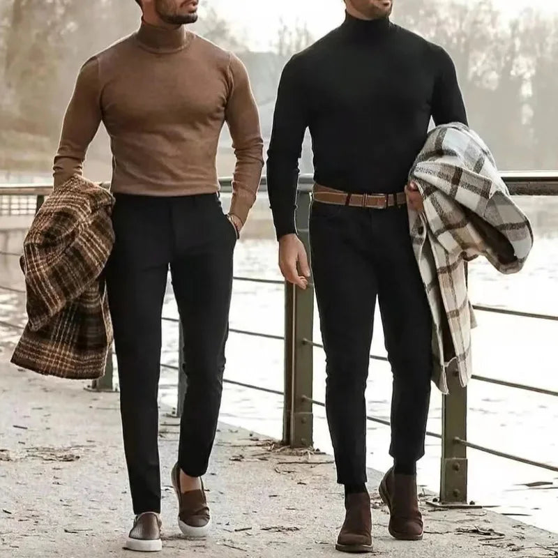 Fashion Men's Casual Slim Fit Basic Turtleneck High Collar Pullover Male Autumn Spring Thin Tops Basic Bottoming Plain T-shirt
