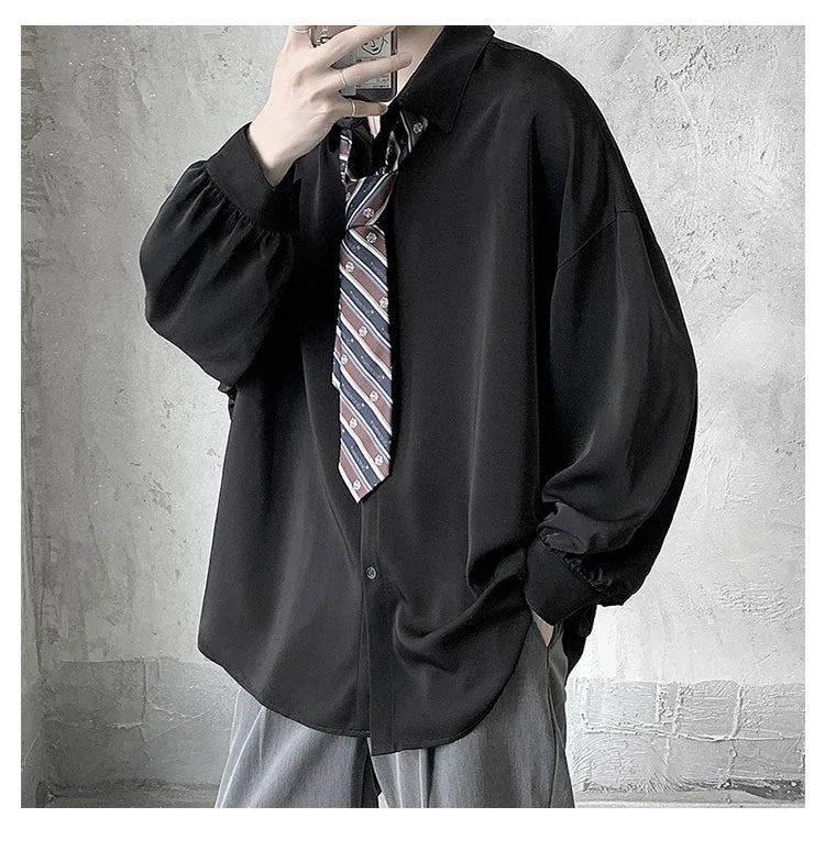 Korean Style Men's Long-sleeved Shirts Black Tie Cozy Casual Solid Oversize Blouses Breathable Loose Shirt Harajuku Male Clothes