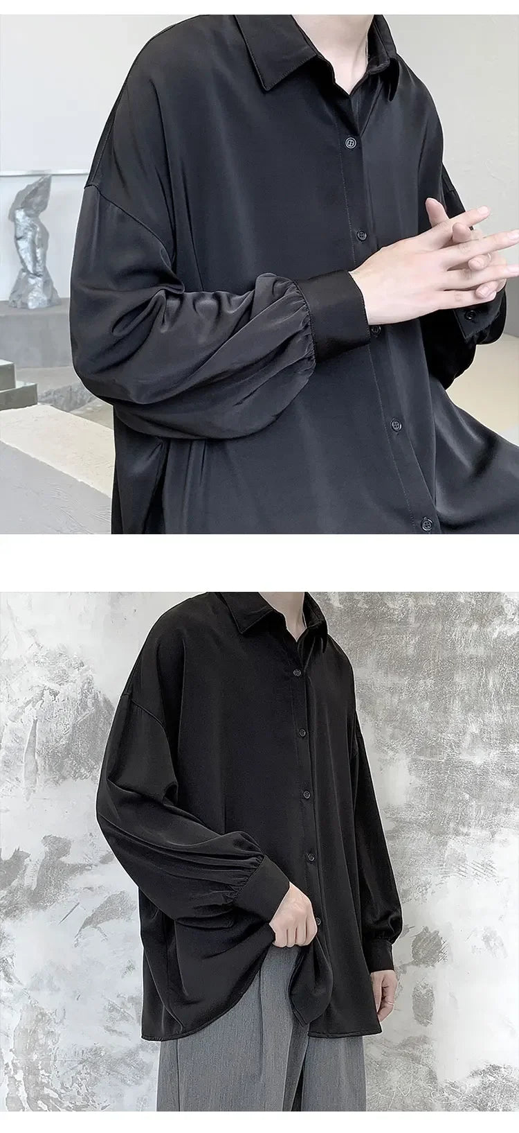 Korean Style Men's Long-sleeved Shirts Black Tie Cozy Casual Solid Oversize Blouses Breathable Loose Shirt Harajuku Male Clothes