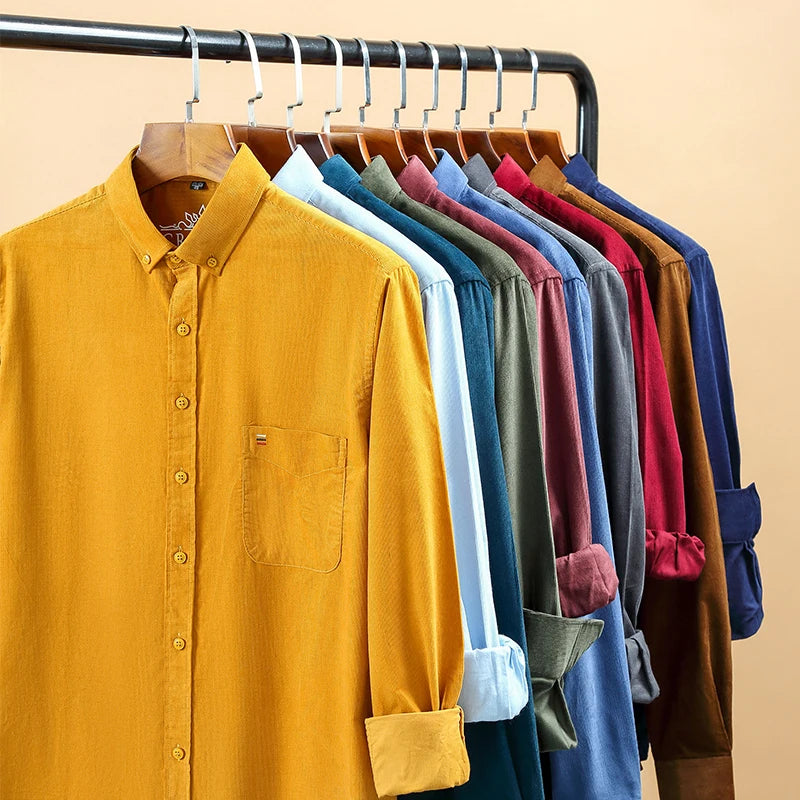7XL 6XL Cotton Corduroy Shirt Men’s Long Sleeve Casual Regular Fit Soft Comfortable Pocket Dress Shirts For Male Blouse Clothes