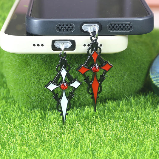 1. Beautiful phone dust plug hanging pendant, black/red cross shaped pendant, phone accessories decoration for iPhone/type-c