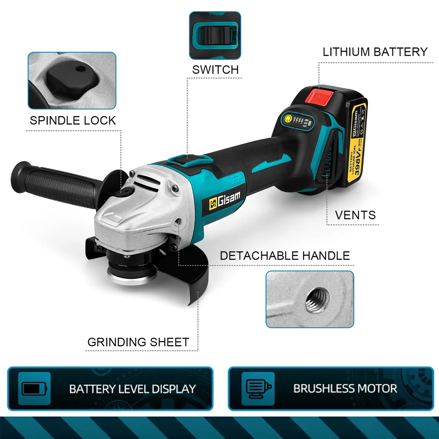 Gisam 125MM Brushless Electric Angle Grinder Variable Speed M14 Cutting Machine Woodworking Tool for Makita 18v Battery Pin