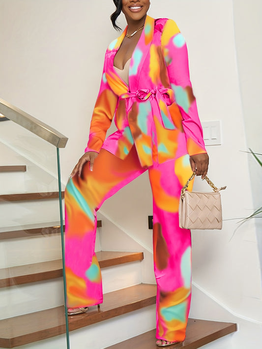 Casual Floral Print Pantsuits Two-piece Set, Lace Up Belt Blazer & Long Pants Set, Women's Clothing