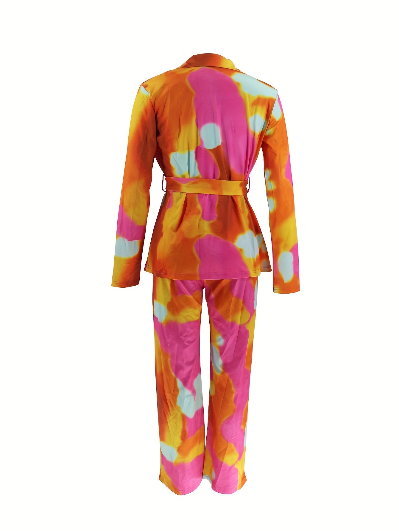 Casual Floral Print Pantsuits Two-piece Set, Lace Up Belt Blazer & Long Pants Set, Women's Clothing