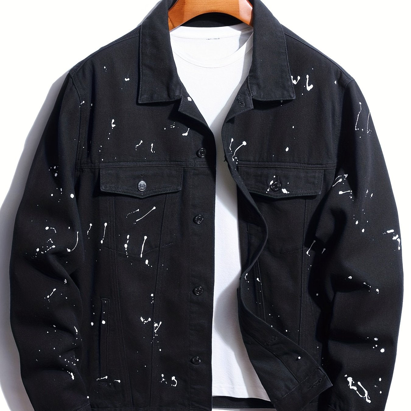 Plus Size Mens Stylish Multi-pocket Denim Jacket, "Splash" Pattern Loose Oversized Lapel Windbreaker Coat