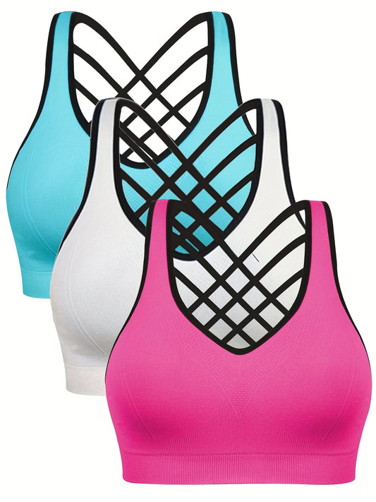 3pcs Criss Cross Back Sports Bras, Comfy & Breathable versatile Fitness Tank Bra, Women's Lingerie & Underwear
