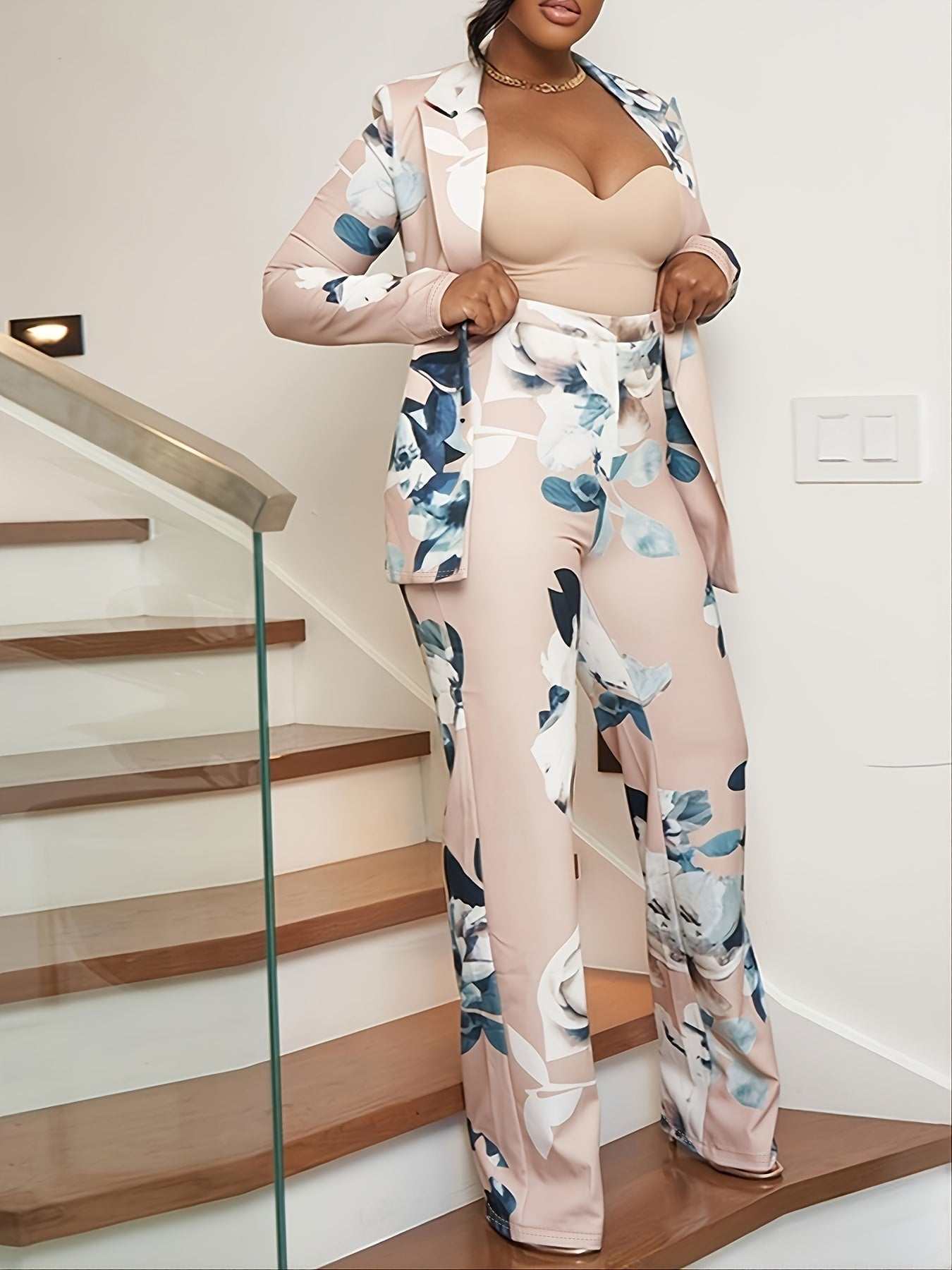 Casual Floral Print Pantsuits Two-piece Set, Lace Up Belt Blazer & Long Pants Set, Women's Clothing